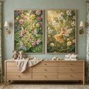 A serene nursery scene showcases a light-wood six-drawer dresser set against a muted sage-green wall. Atop the dresser, two plush teddy bears sit next to a wooden rattle and a stack of folded white blankets tied with a soft ribbon. A neutral-toned linen cloth is draped gracefully over the edge.
