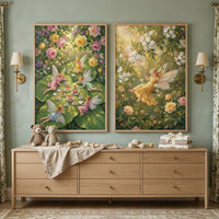 A serene nursery scene showcases a light-wood six-drawer dresser set against a muted sage-green wall. Atop the dresser, two plush teddy bears sit next to a wooden rattle and a stack of folded white blankets tied with a soft ribbon. A neutral-toned linen cloth is draped gracefully over the edge.
