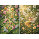 Two panel collage of soft fantasy paintings showing small winged fairies gathered for a tea party on a large green leaf surrounded by blooming roses and another fairy in a yellow dress gently swinging from a tree branch covered in white blossoms.

