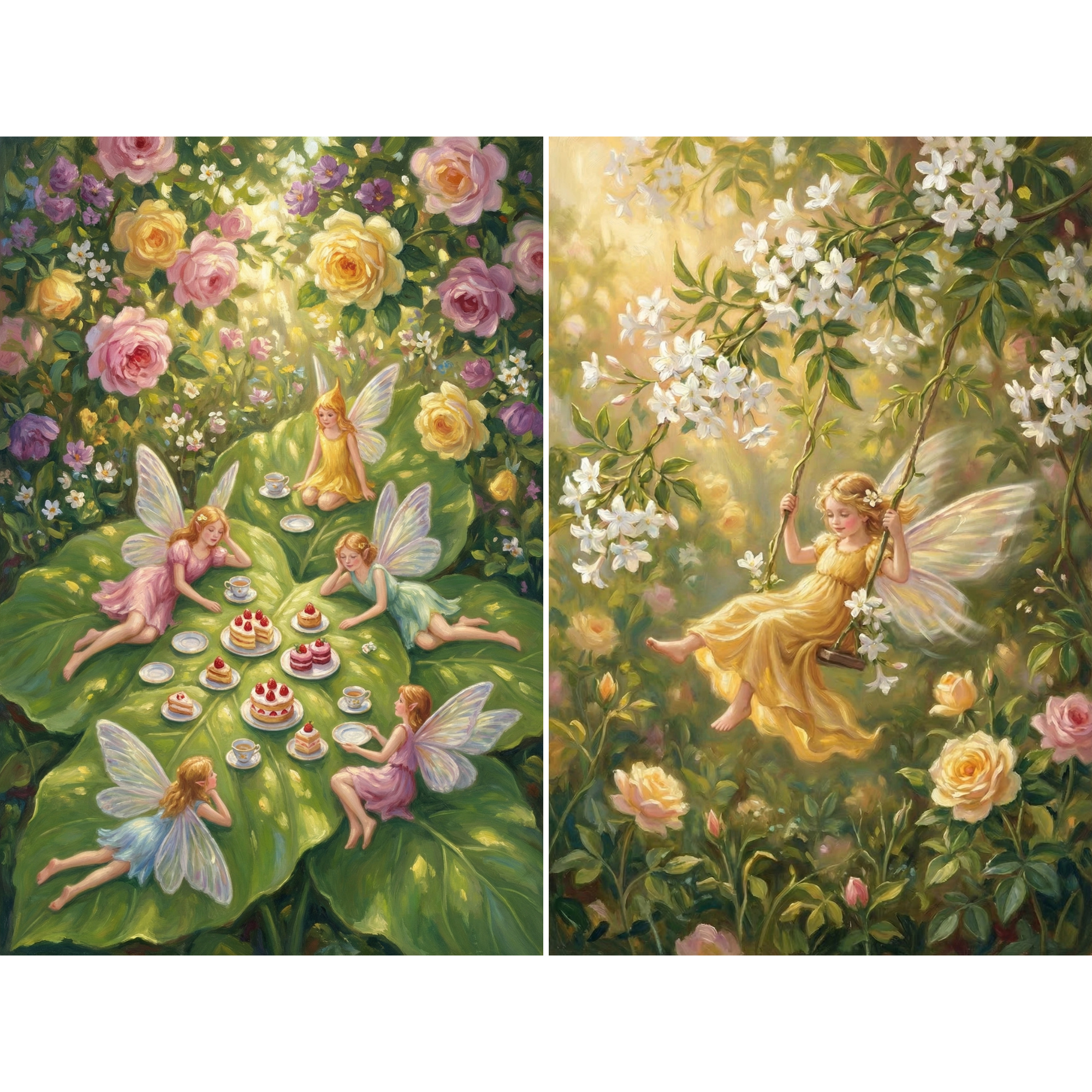 Two panel collage of soft fantasy paintings showing small winged fairies gathered for a tea party on a large green leaf surrounded by blooming roses and another fairy in a yellow dress gently swinging from a tree branch covered in white blossoms.

