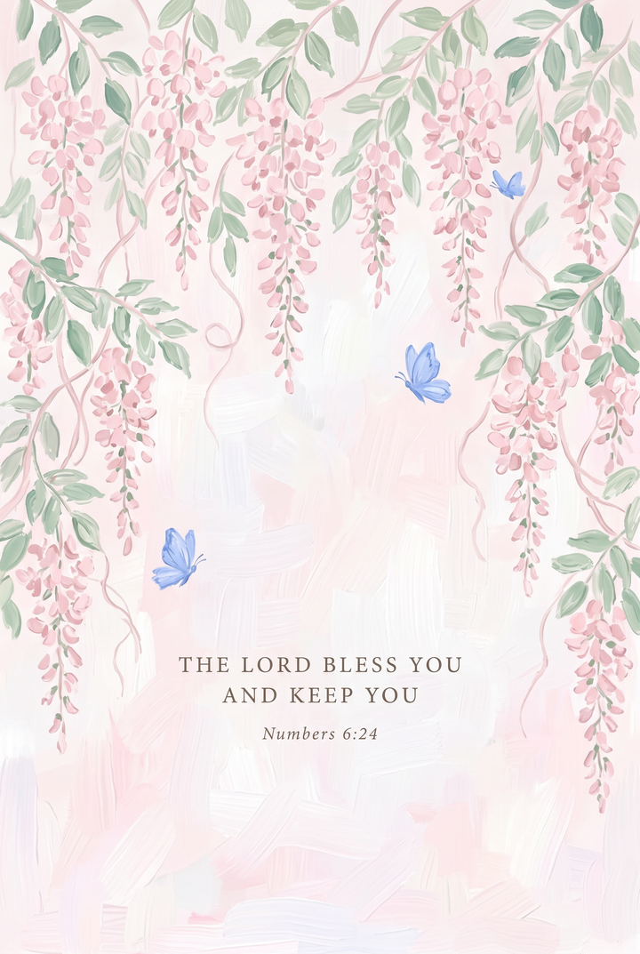 Soft pink hanging wisteria bible wall art with blue butterflies and the text The Lord Bless You and Keep You Numbers 6:24.