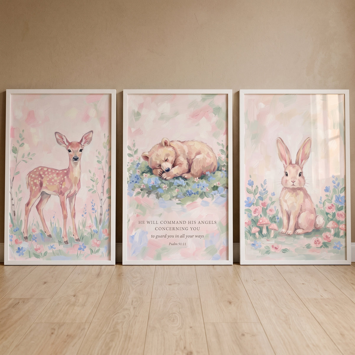 Soft Pink Meadow Animals Wall Art Set of 3 - Angelic Woodland Friends