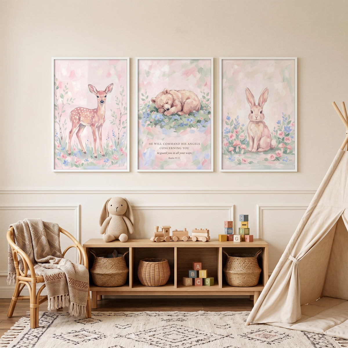 Soft Pink Meadow Animals Wall Art Set of 3 - Angelic Woodland Friends