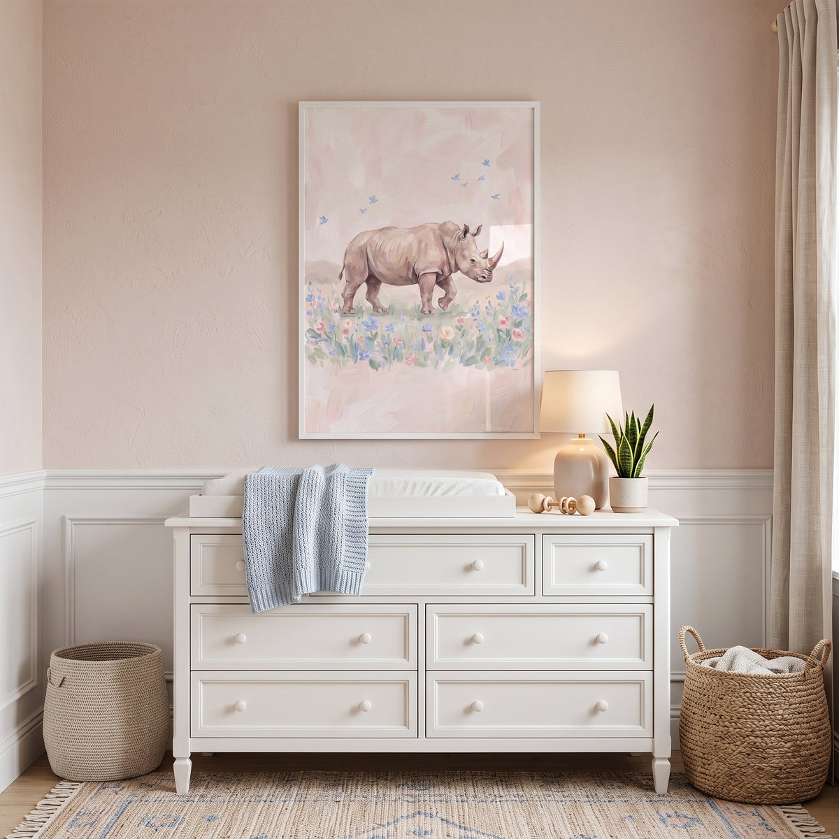 Soft Pink Rhino Floral Wall Art - Pastel Rhino Meadow