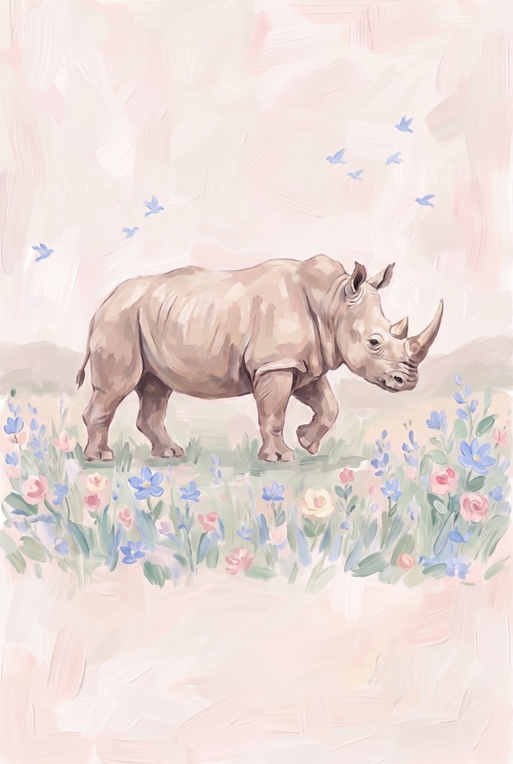 A rhinoceros walks through pastel flowers with blue birds in this soft pink rhino floral wall art.