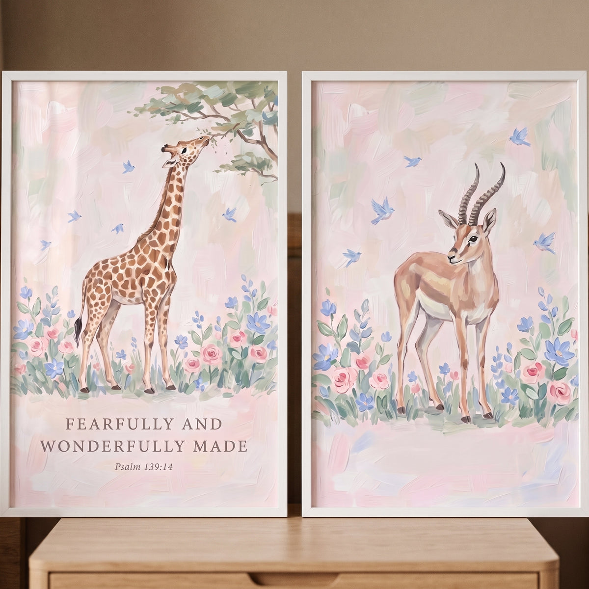 Soft pink savanna animals wall art set of 2 with a giraffe and antelope featuring the scripture Psalm 139:14.