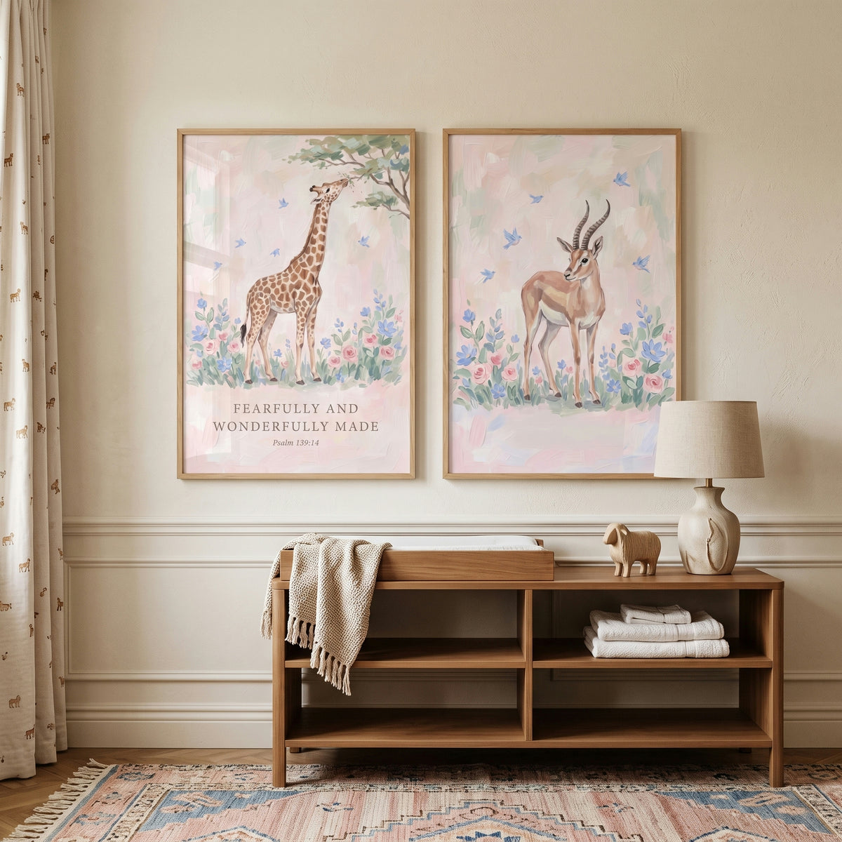 Soft Pink Savanna Animals Wall Art Set of 2 - Biblical Nursery Art