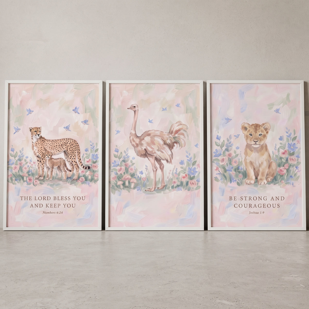 Soft pink scripture animals wall art set of 3 featuring watercolor safari animals and inspirational Bible verses.
