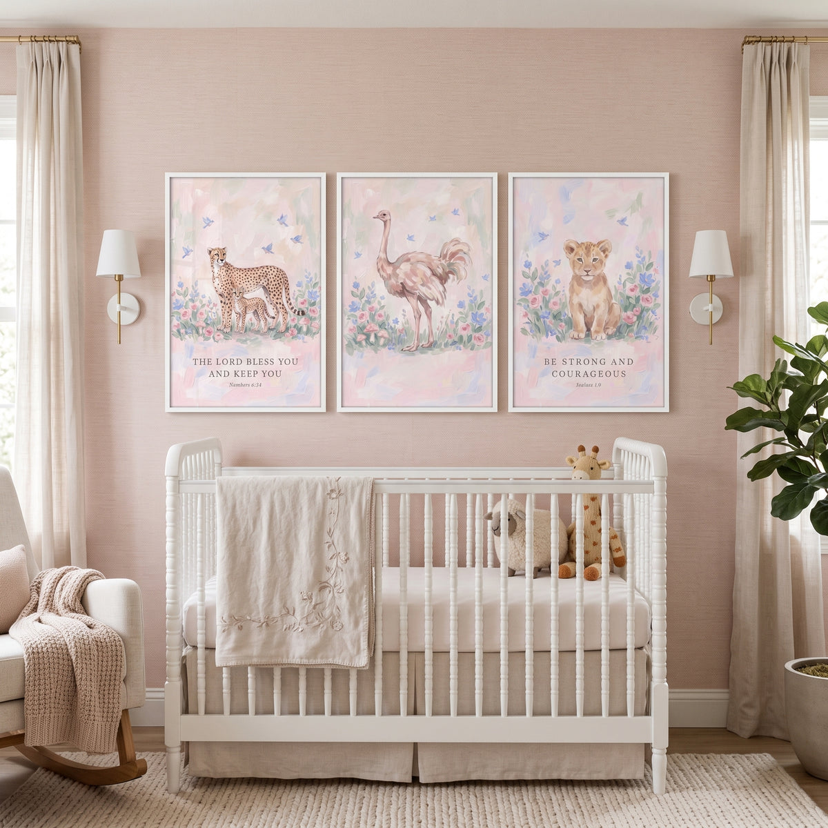 Soft Pink Scripture Animals Wall Art Set of 3 - Savannah Grace Trio