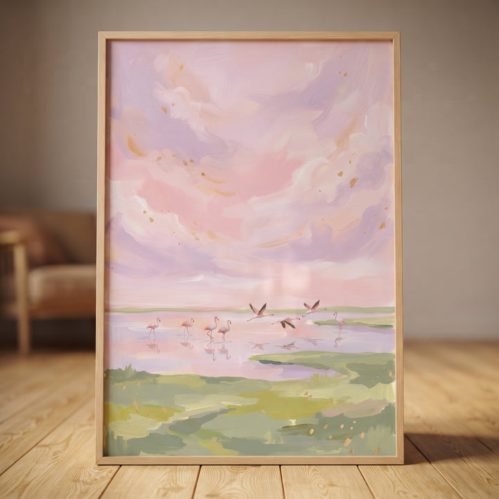 Framed soft pink sky flamingo bird wall art featuring a pastel wetland scene, resting on a light wood floor.