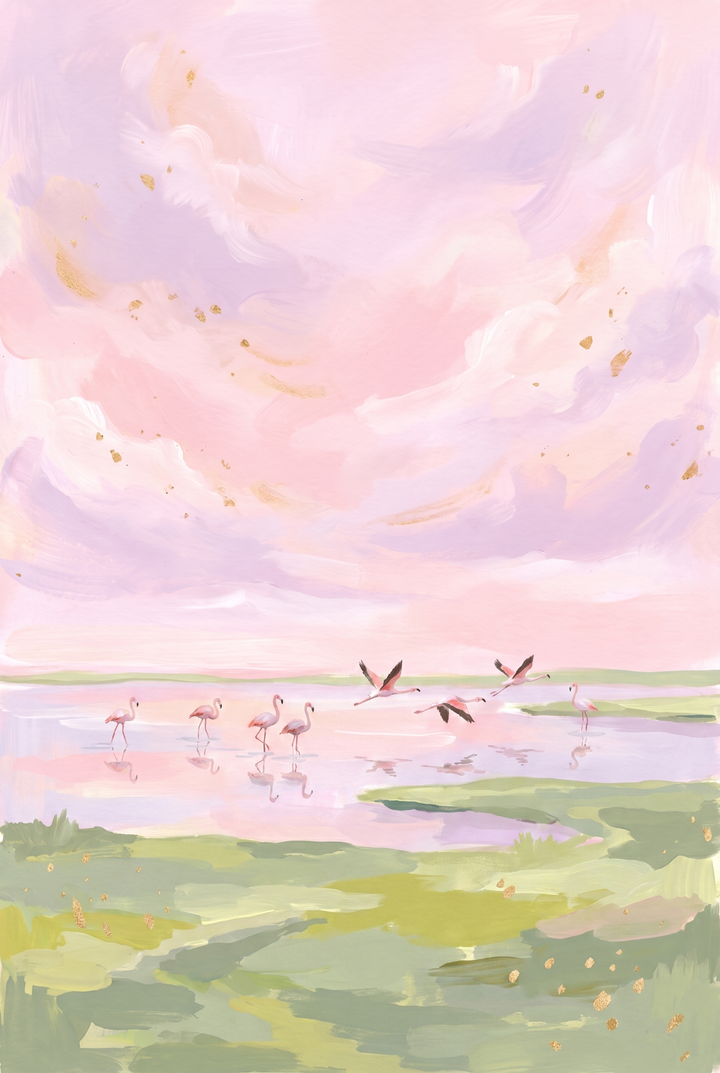 Flamingos wading and flying in a marsh under a soft pink sky flamingo bird wall art with gold accents.