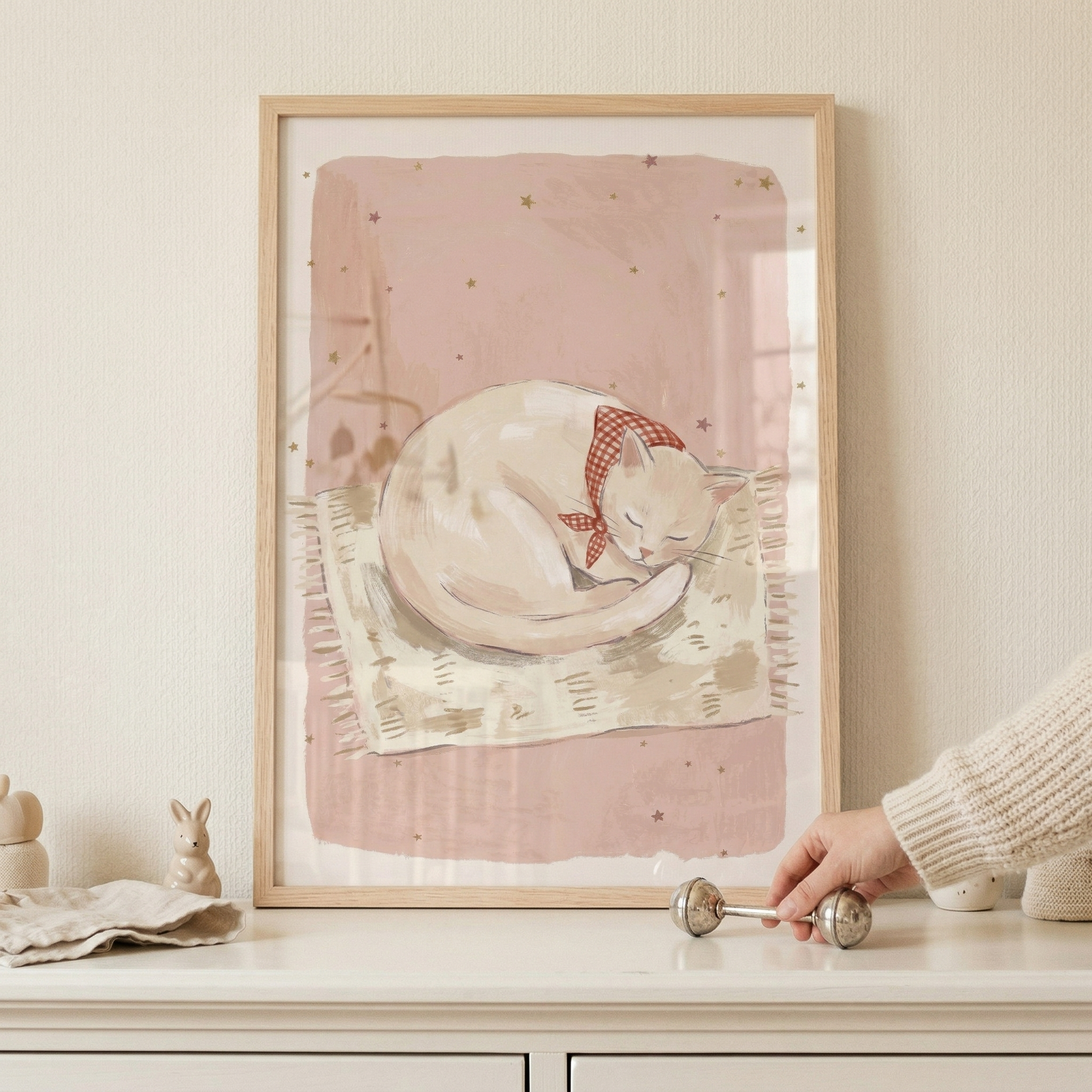 Soft Pink Starry Cat Wall Art - Cozy Starry Nap