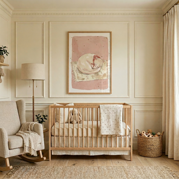A warm, neutral-toned nursery features cream walls with classic molding. A light wood crib sits in the center, accented by a plush stuffed bunny and a patterned blanket. Above it hangs a large framed illustration of a sleeping cat on a soft pink backdrop. To the left, a beige rocking chair with a tasseled throw sits near a floor lamp. The room is completed with a natural fiber rug on light wood floors, a woven toy basket, and long ivory curtains framing a side window.