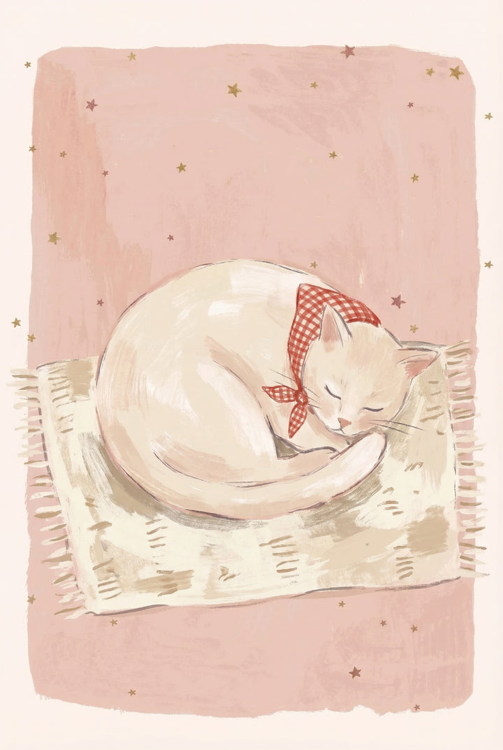 White cat curled up asleep on a textured blanket with a red gingham bow around its neck, resting against a pink background with scattered stars. The peaceful pose and soft tones create a cozy and calming mood.
