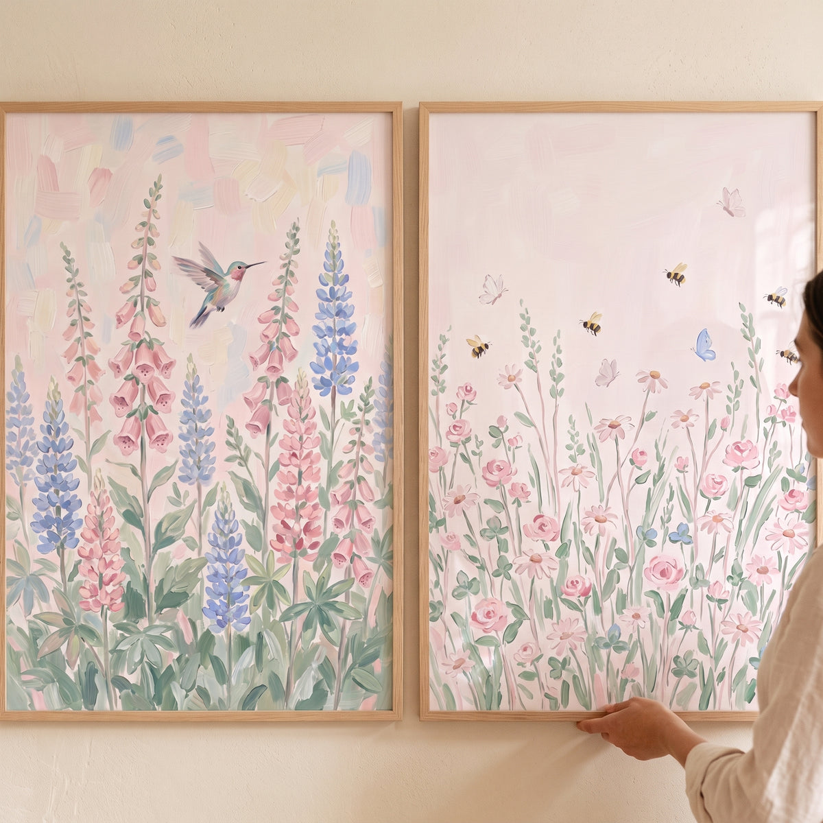 Soft Pink Summer Garden Wall Art Set of 2 - Pastel Meadow Bloom