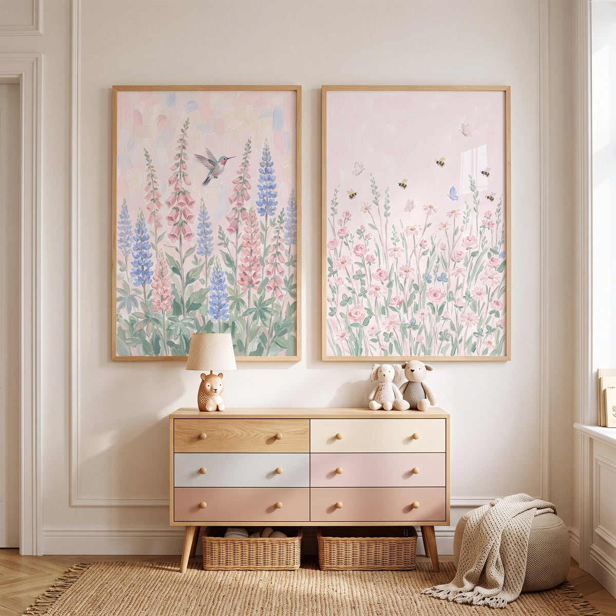 Soft Pink Summer Garden Wall Art Set of 2 - Pastel Meadow Bloom