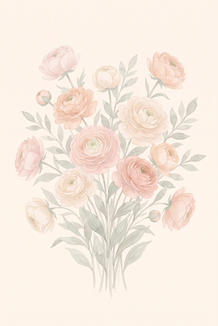 Soft pink watercolor floral wall art featuring a delicate bouquet of peach and cream blossoms with sage green leaves.