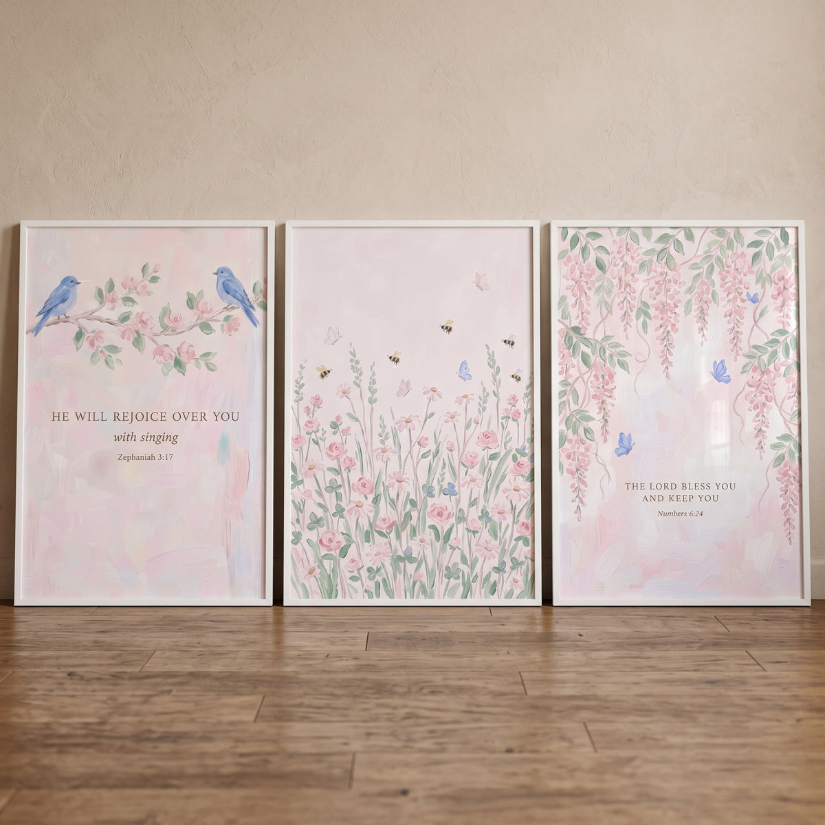 Soft Pink Watercolor Garden Wall Art Set of 3 - Floral Scripture Trio