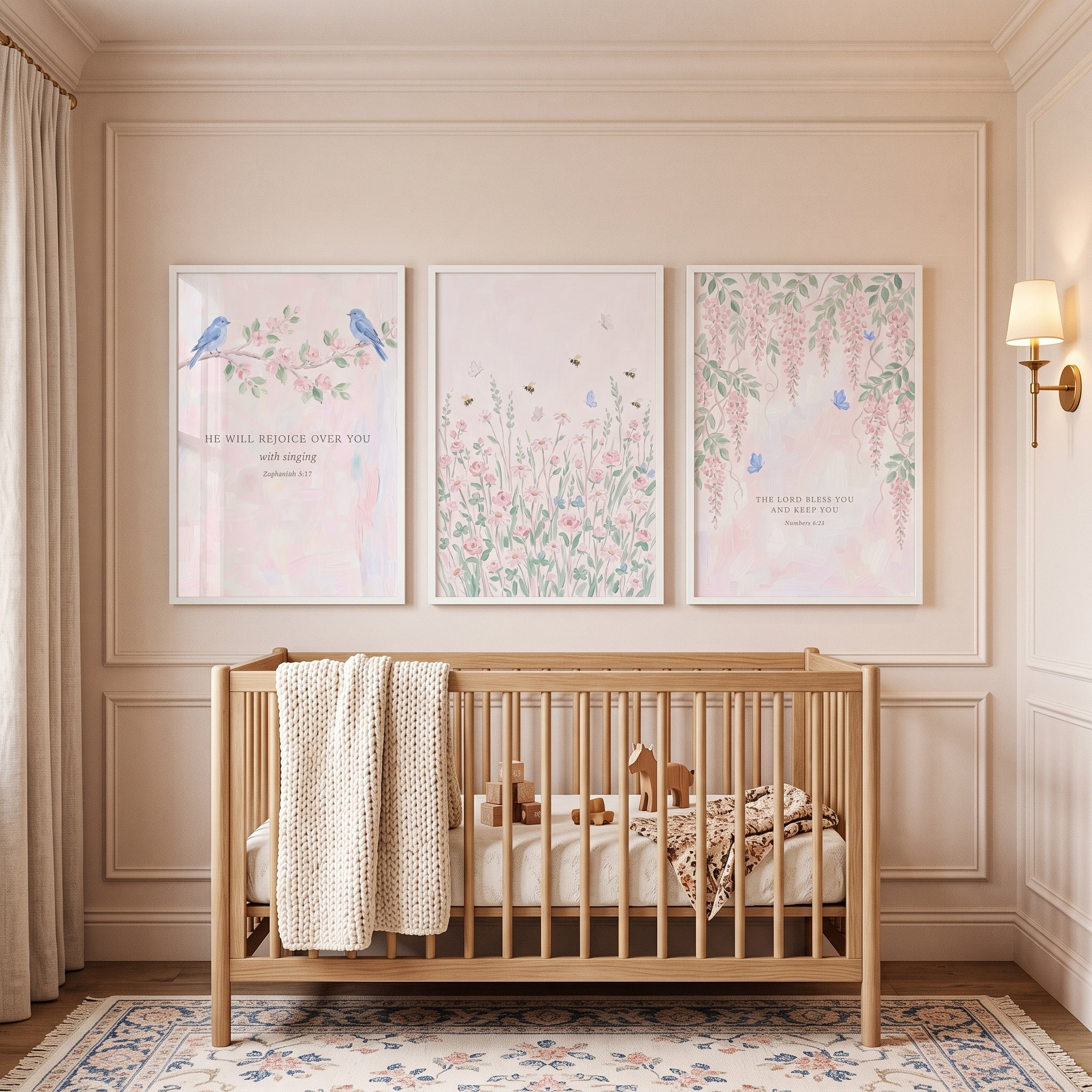 Soft Pink Watercolor Garden Wall Art Set of 3 - Floral Scripture Trio