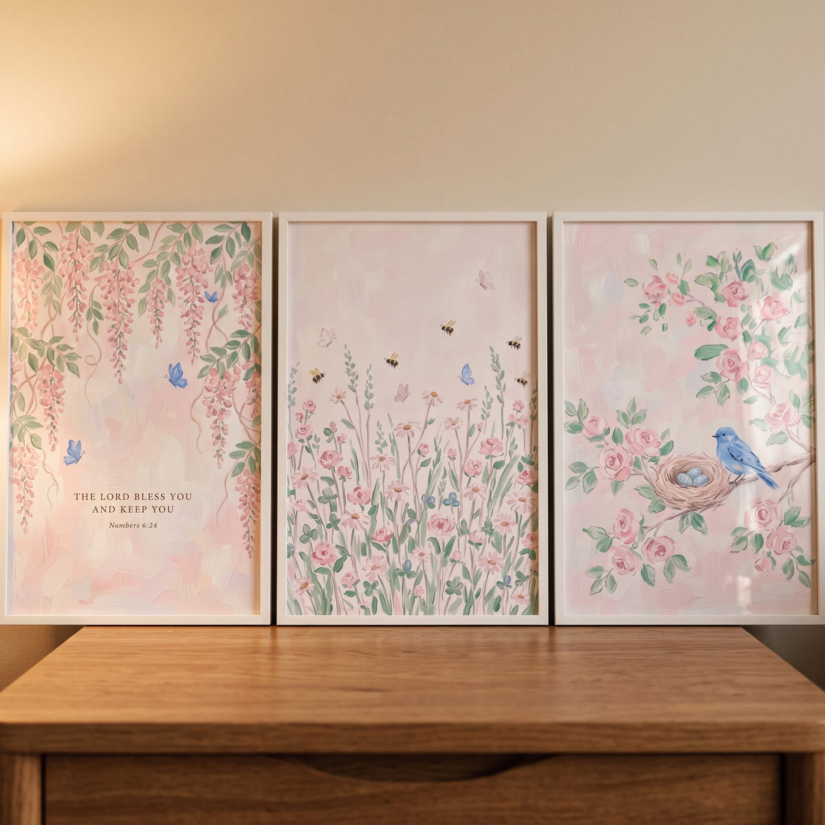 Soft pink whimsical garden wall art set of 3 with wisteria, wildflowers, and a bluebird nest on a wooden dresser.