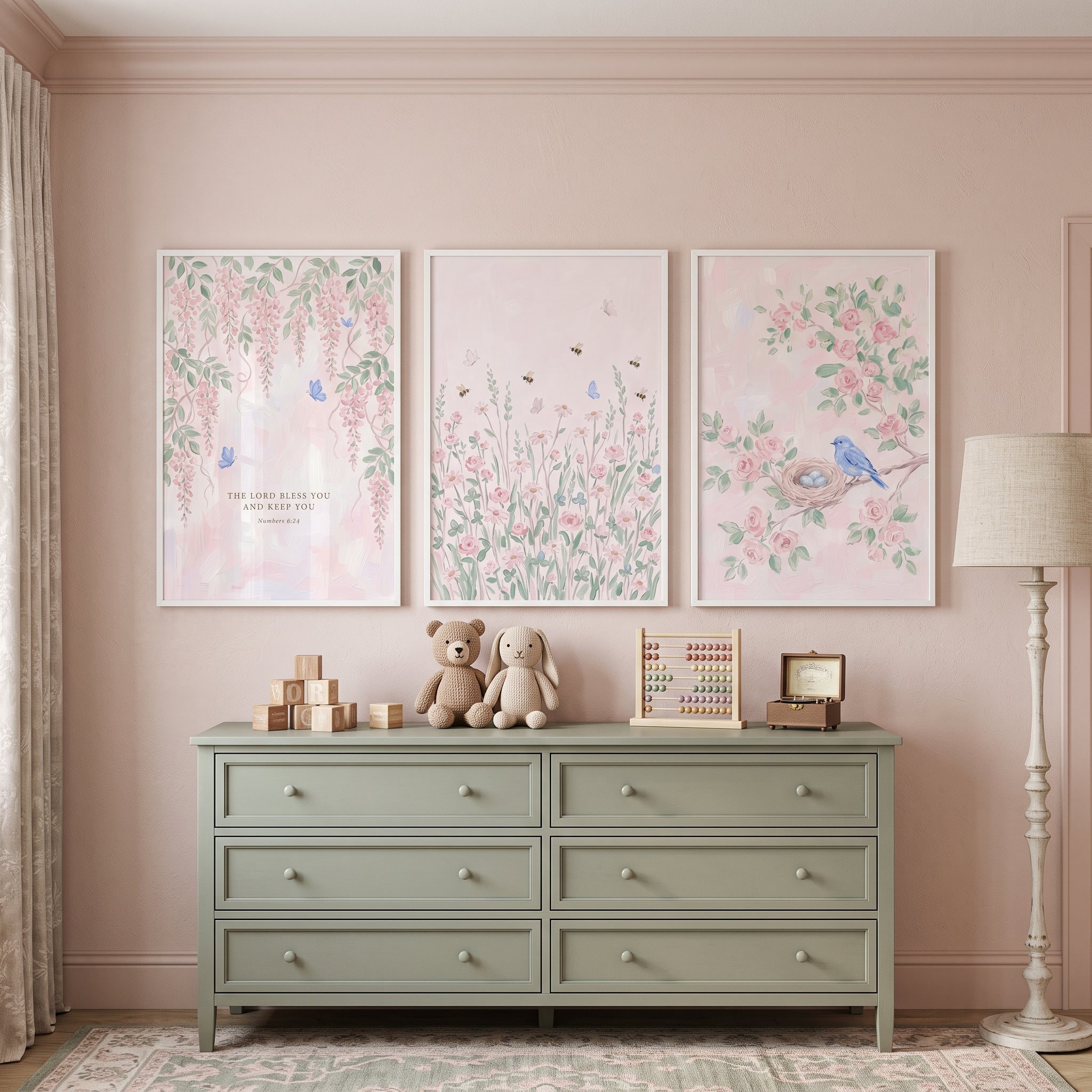 Soft Pink Whimsical Garden Wall Art Set of 3 - Pastel Meadow Grace