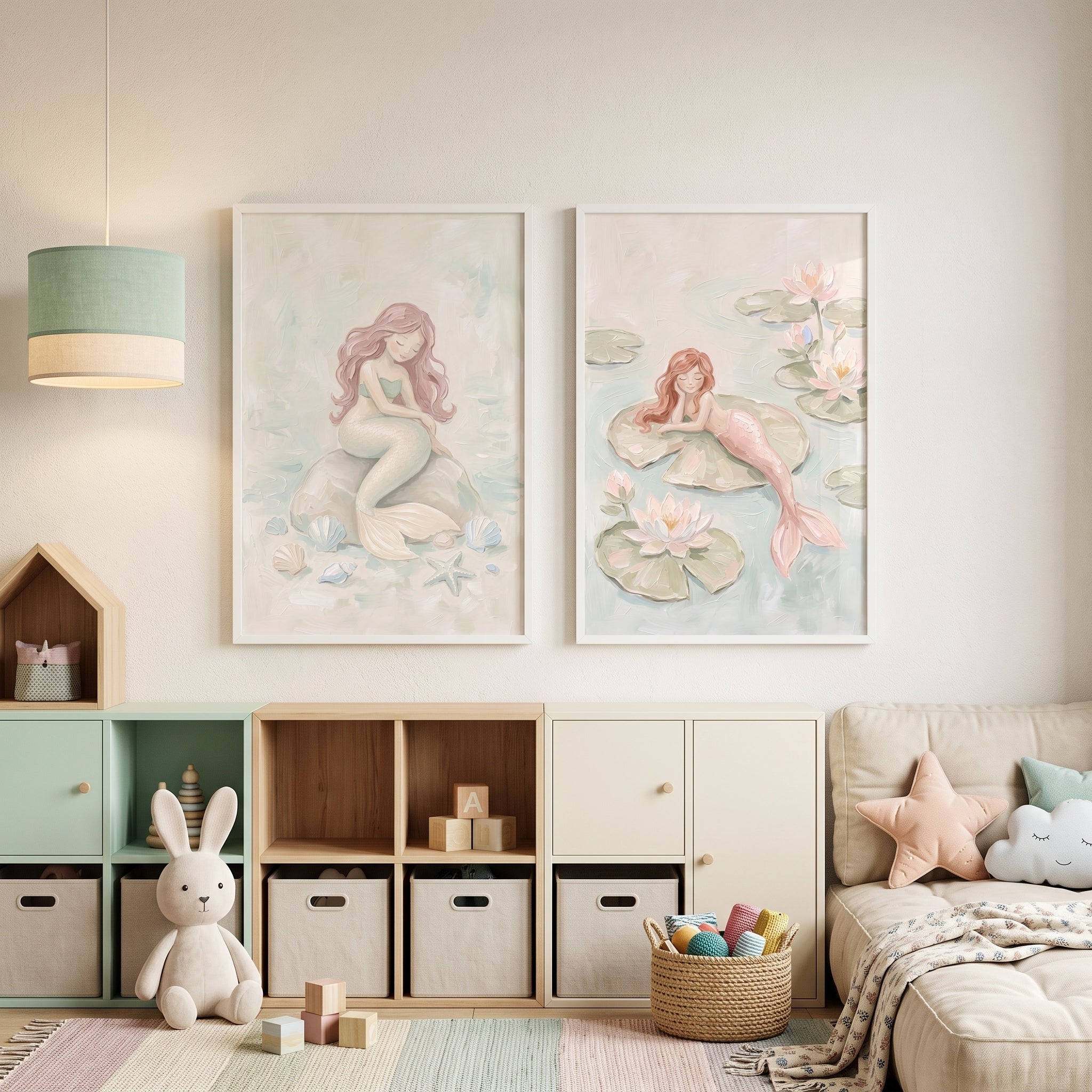 Soft Pink Whimsical Mermaid Wall Art Set of 2 - Serene Water Spirits