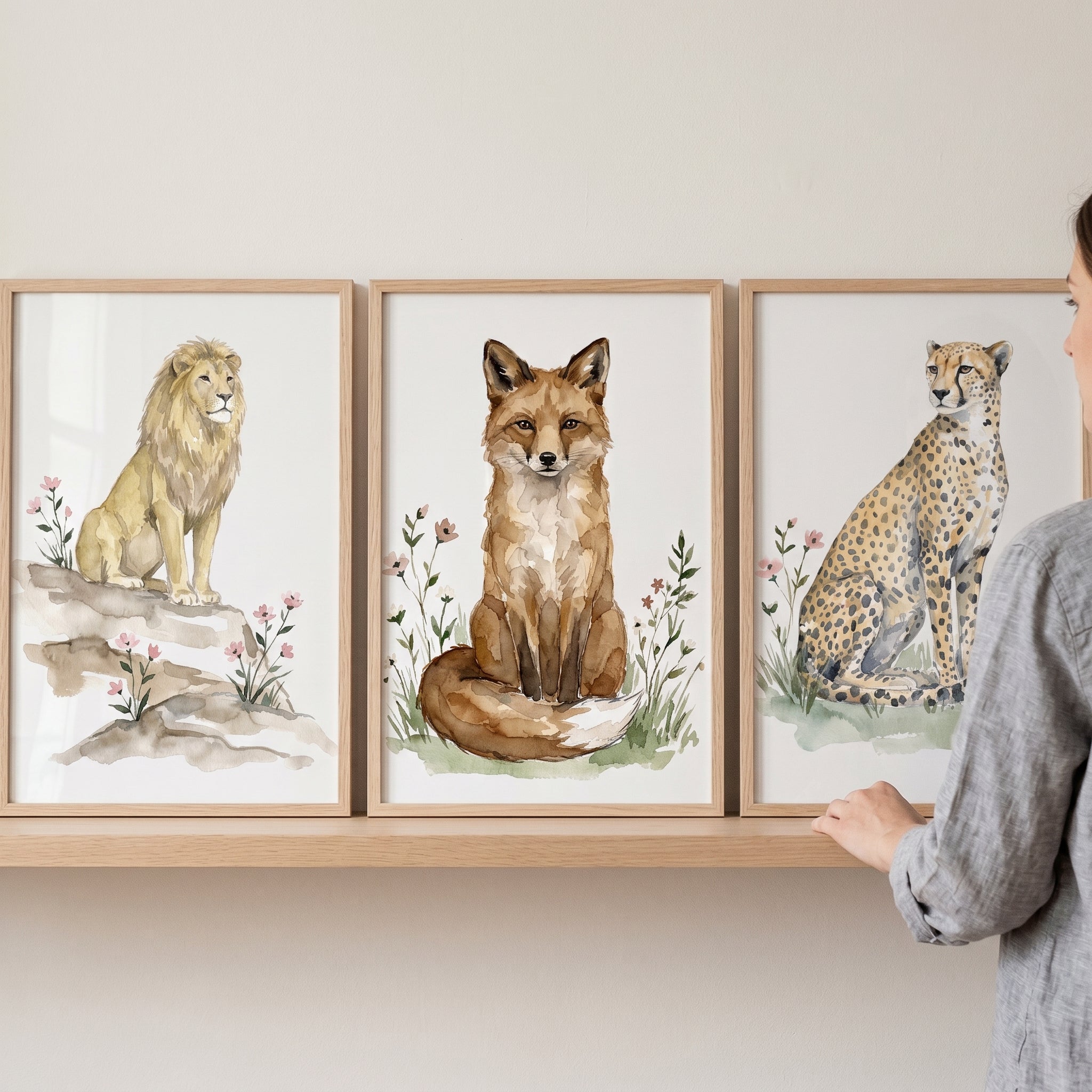 Soft Pink Wildflower Animal Wall Art Set of 3 - Watercolor Wildlife Trio