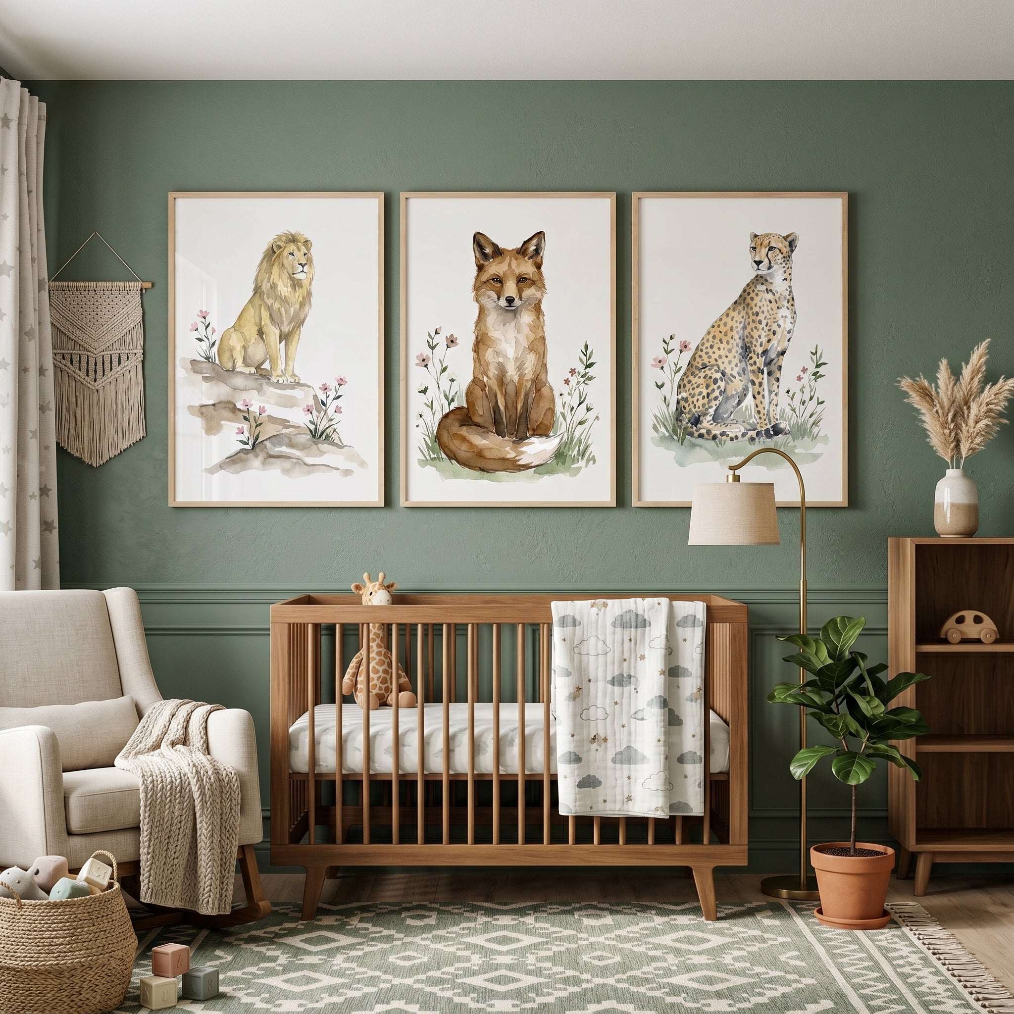 Soft Pink Wildflower Animal Wall Art Set of 3 - Watercolor Wildlife Trio