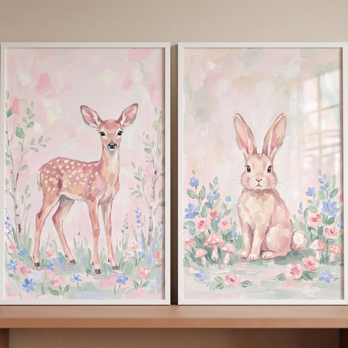Soft Pink Woodland Animals Wall Art Set of 2 - Whimsical Meadow Mates