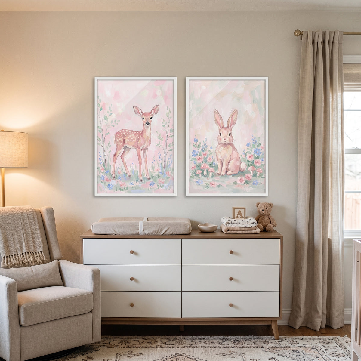 Soft Pink Woodland Animals Wall Art Set of 2 - Whimsical Meadow Mates