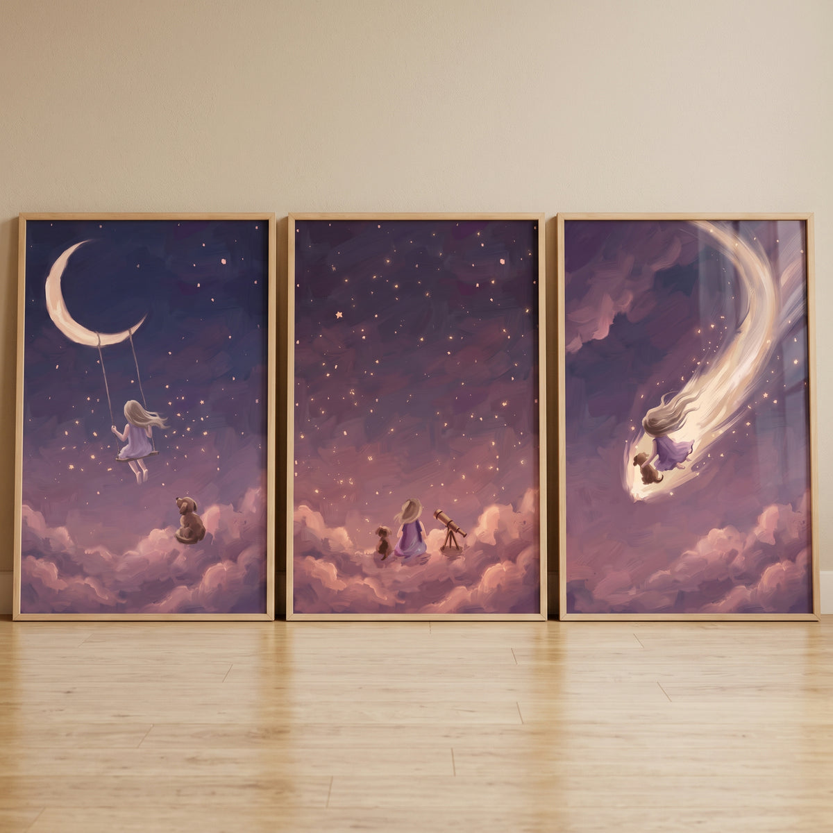 Soft plum girl dog wall art set of 3 depicts a girl and pup on a moon swing, with a telescope, and on a shooting star.