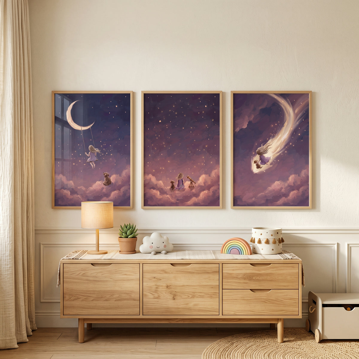 Soft Plum Girl Dog Wall Art Set of 3 - Celestial Dream Voyage