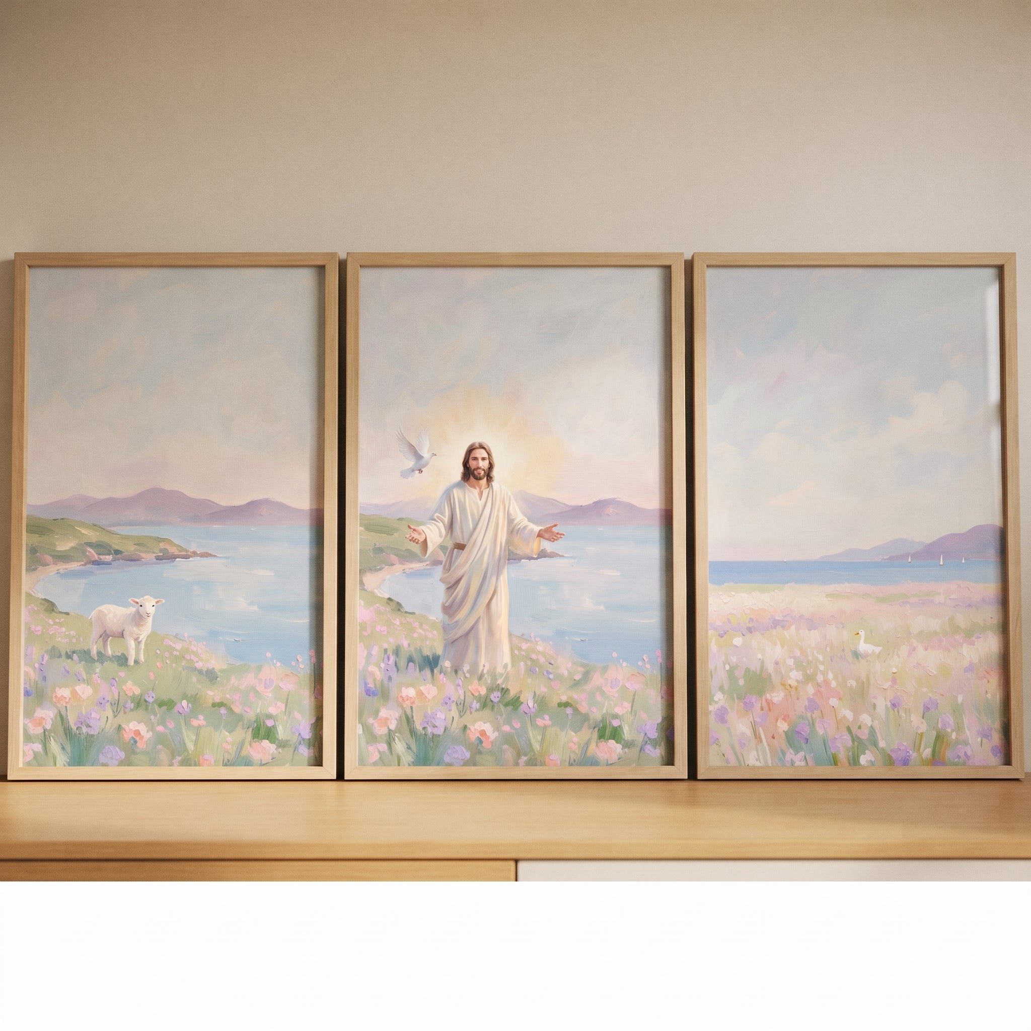 Soft Purple Coastal Wall Art Set of 3 - Jesus Among Flowers