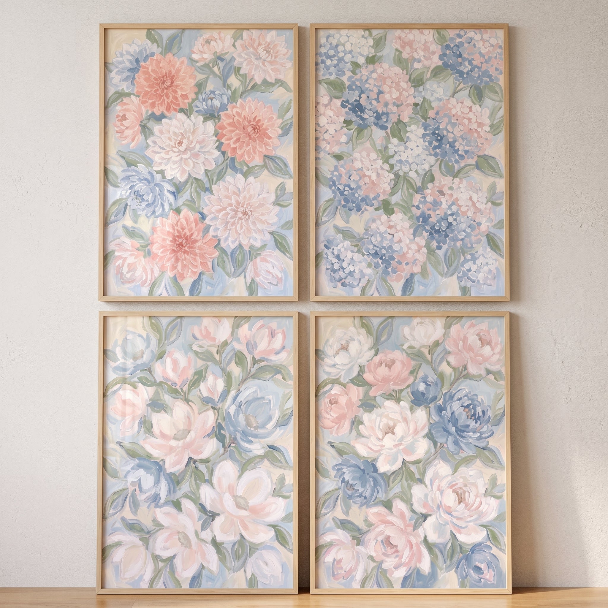 Soft Romantic Spring Floral Wall Art Set of 4 - Serene Petal Collection