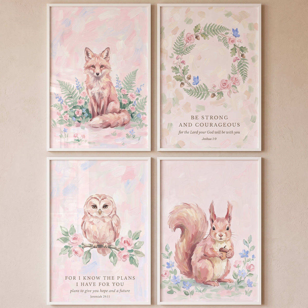 Soft Rose Forest Animals Print Set of 4 - Sacred Woodland Grace
