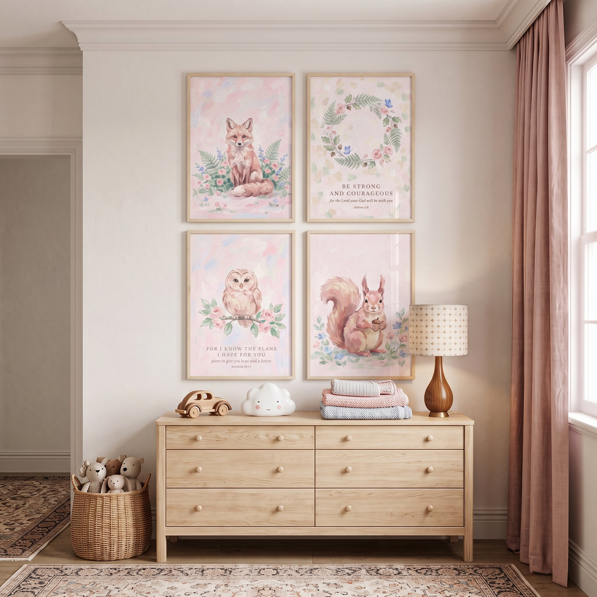 Soft Rose Forest Animals Print Set of 4 - Sacred Woodland Grace