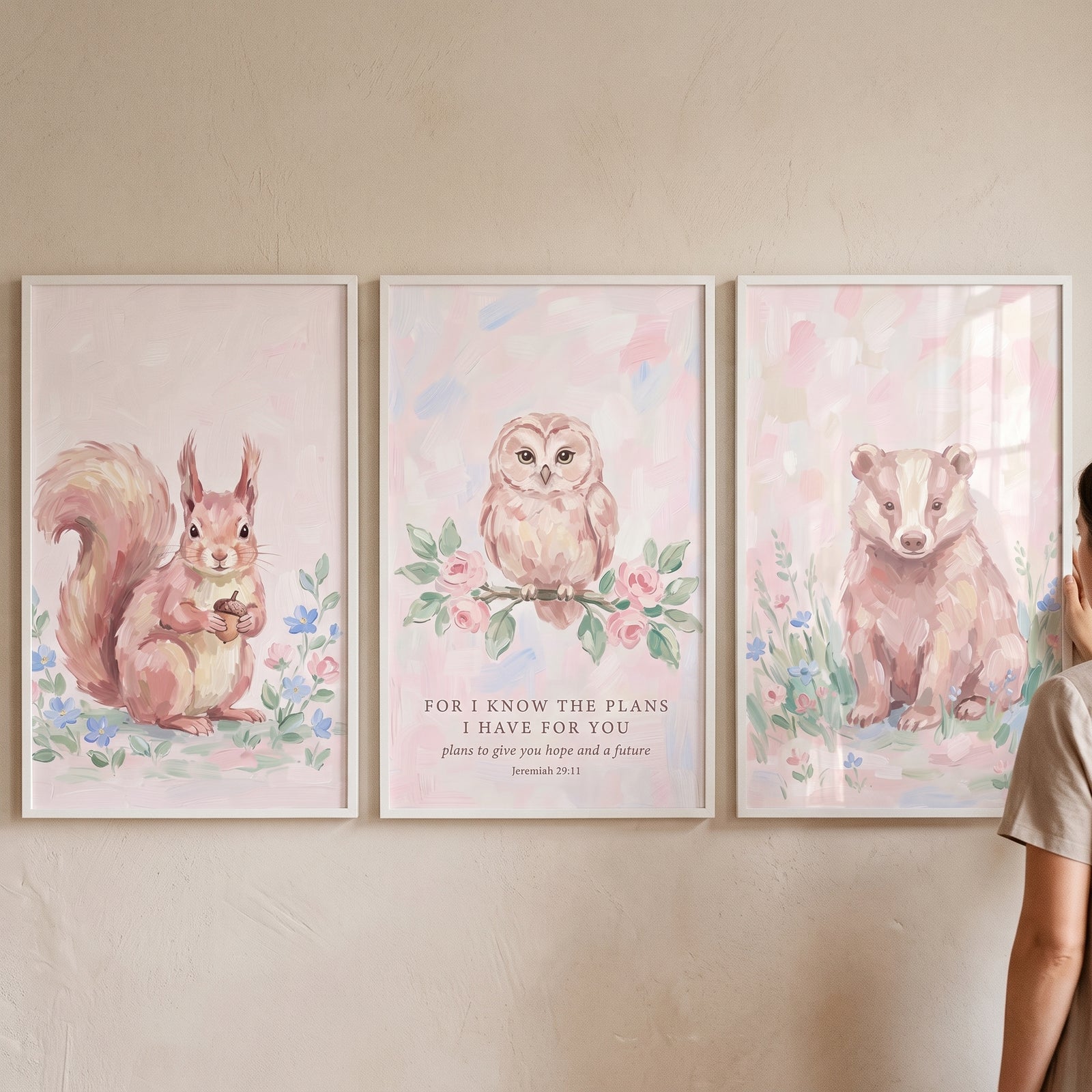 Soft rose forest animals wall art set of 3 featuring watercolor squirrel, owl with a Bible verse, and a bear.