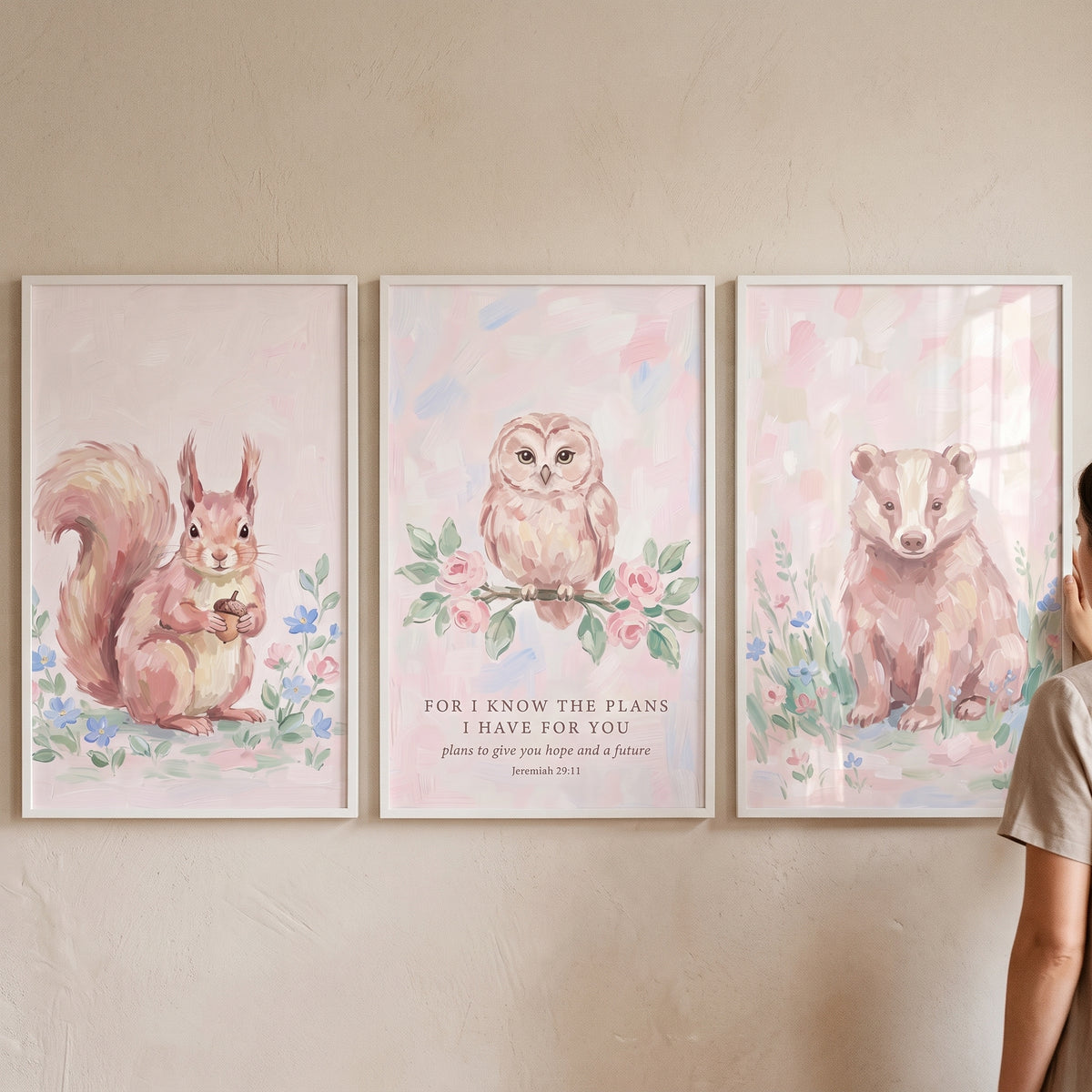 Soft Rose Forest Animals Wall Art Set of 3 - Gentle Hope Creatures