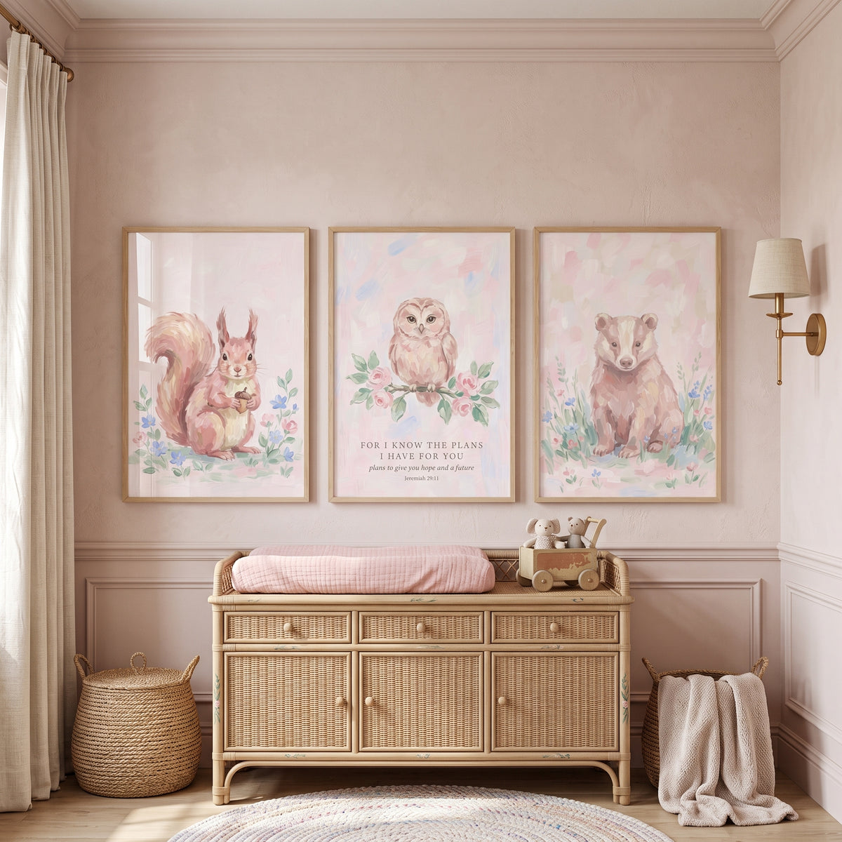 Soft Rose Forest Animals Wall Art Set of 3 - Gentle Hope Creatures