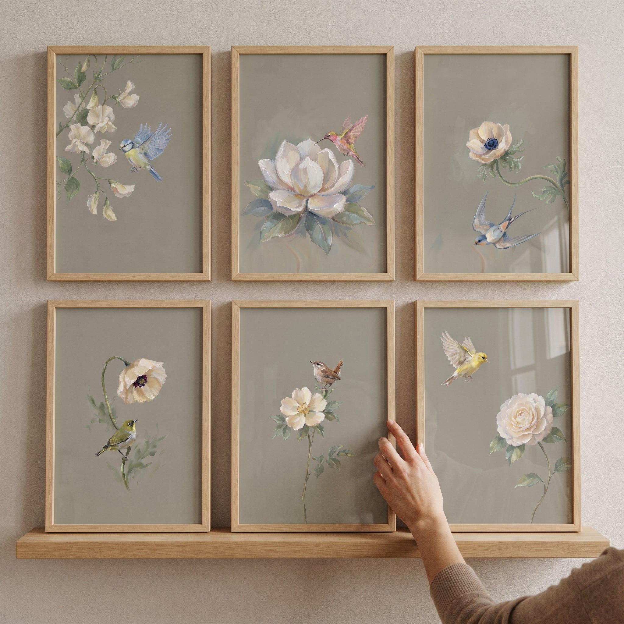 Soft Sage Botanical Bird Wall Art Set of 6 - Vintage Garden Aviary