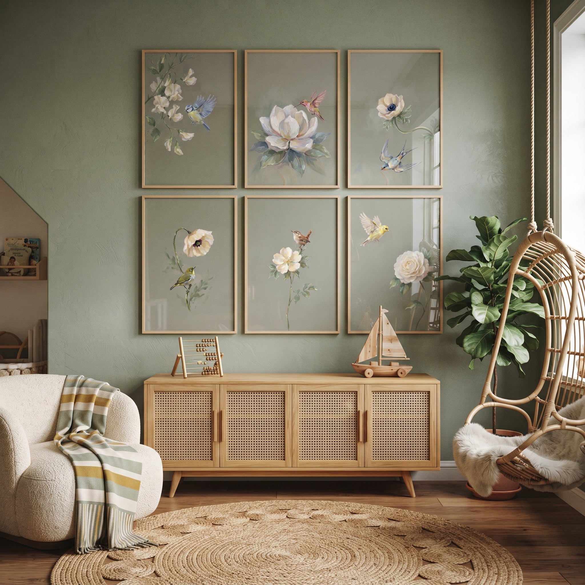 Soft Sage Botanical Bird Wall Art Set of 6 - Vintage Garden Aviary