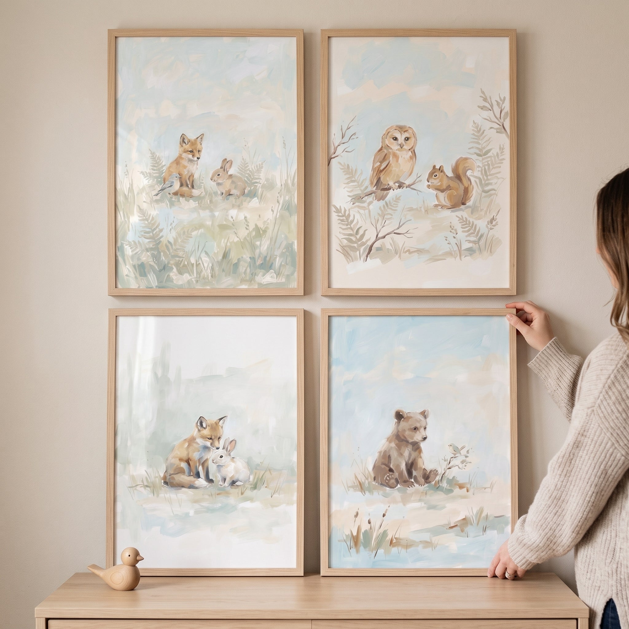 Soft Sage Forest Animals Wall Art Set Of 4 - Sweet Woodland Pals