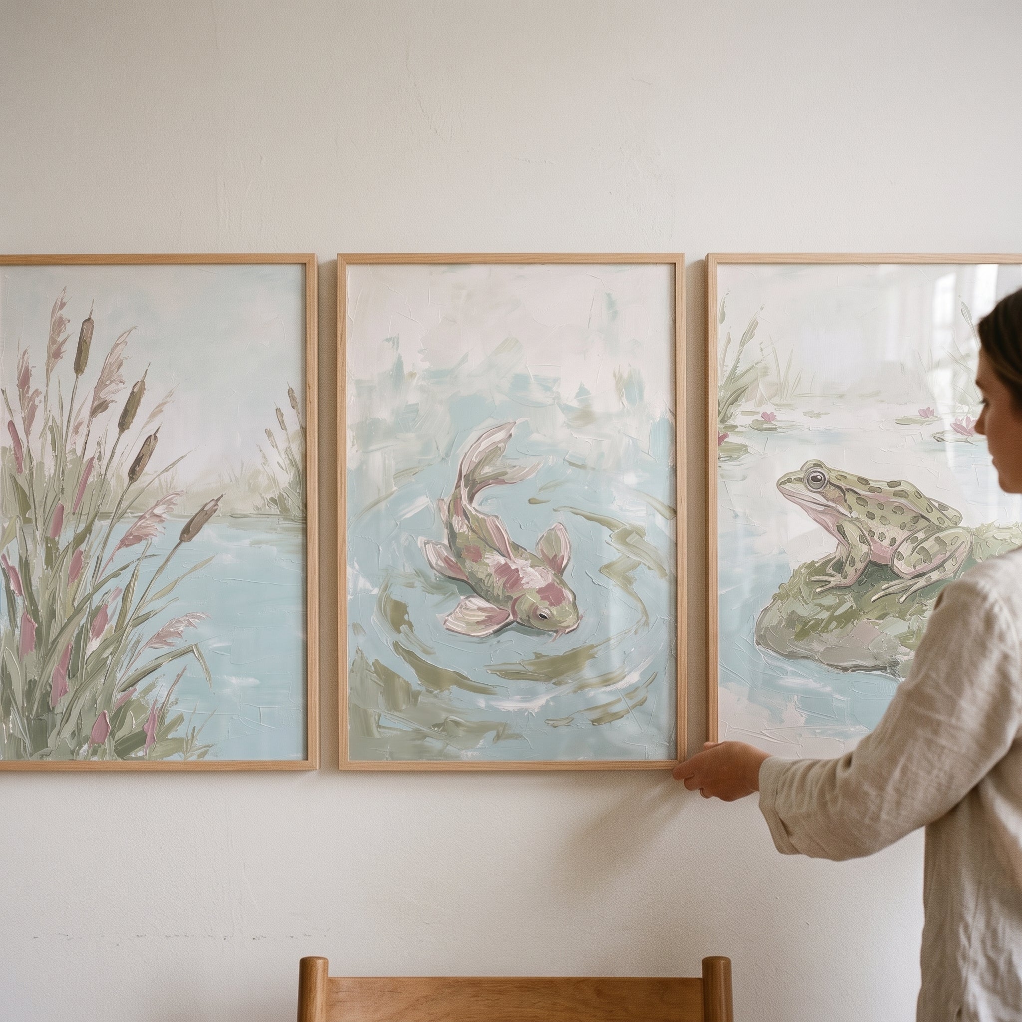 Soft Sage Green Pond Wall Art Set Of 3 - Soft Marsh Ripples