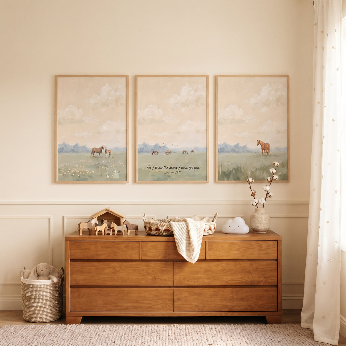 Soft Sage Landscape Horse Wall Art Set of 3 - Faithful Meadow Horses