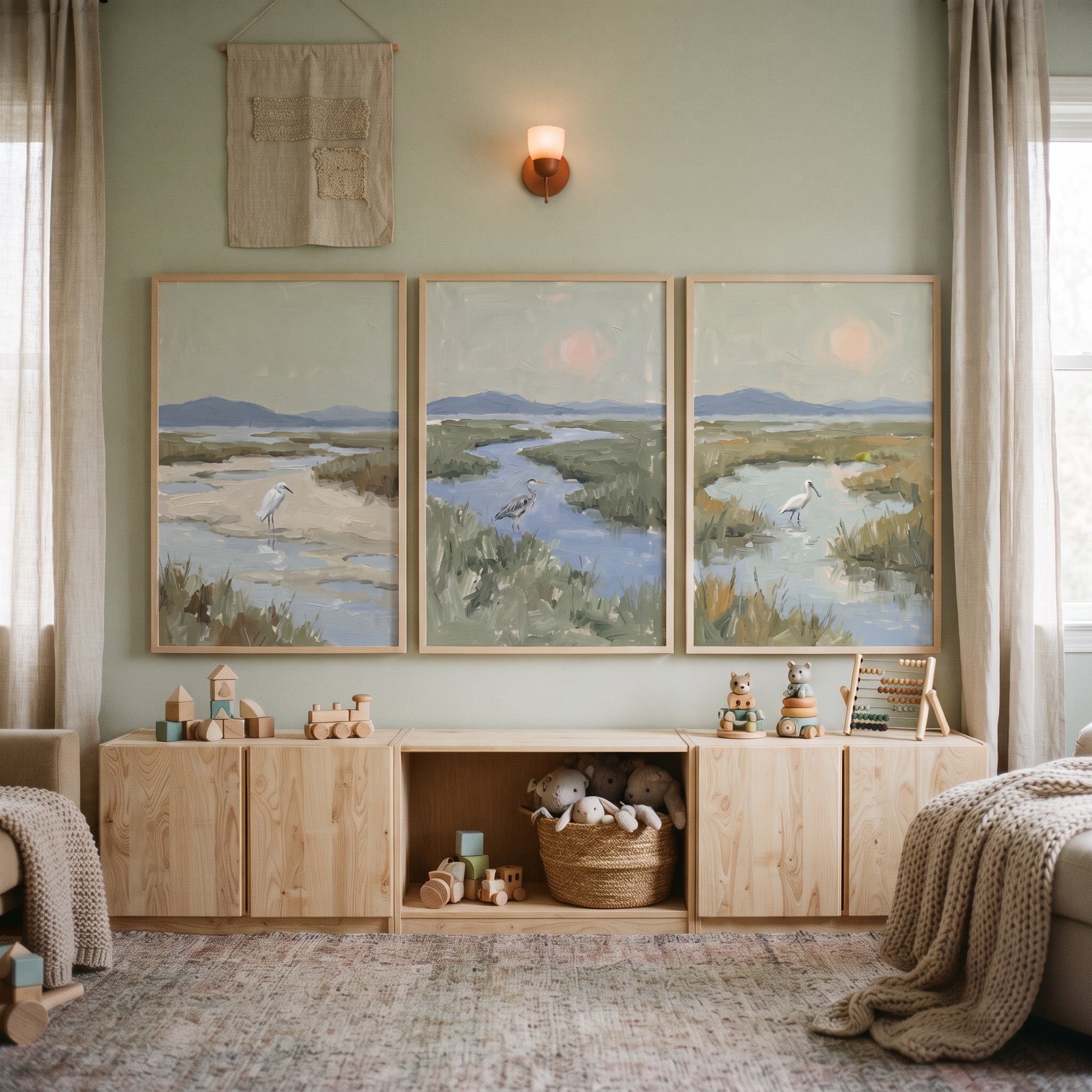 Soft Sage Marsh Bird Wall Art Set of 3 - Coastal Wetland Vista