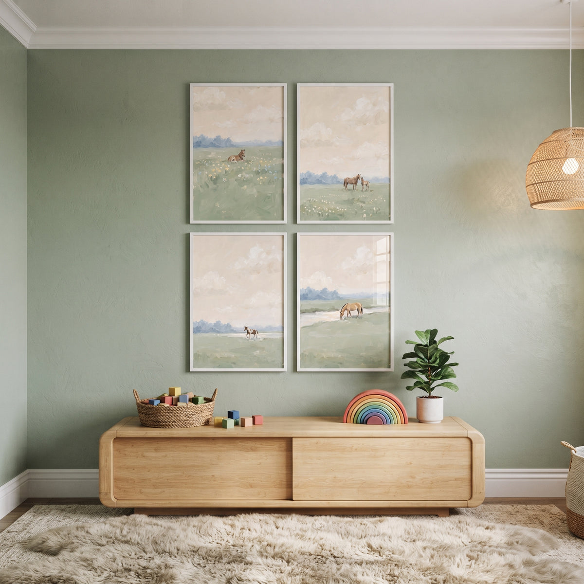 Soft Sage Meadow Horses Wall Art Set Of 4 - Pastoral Field Scenes