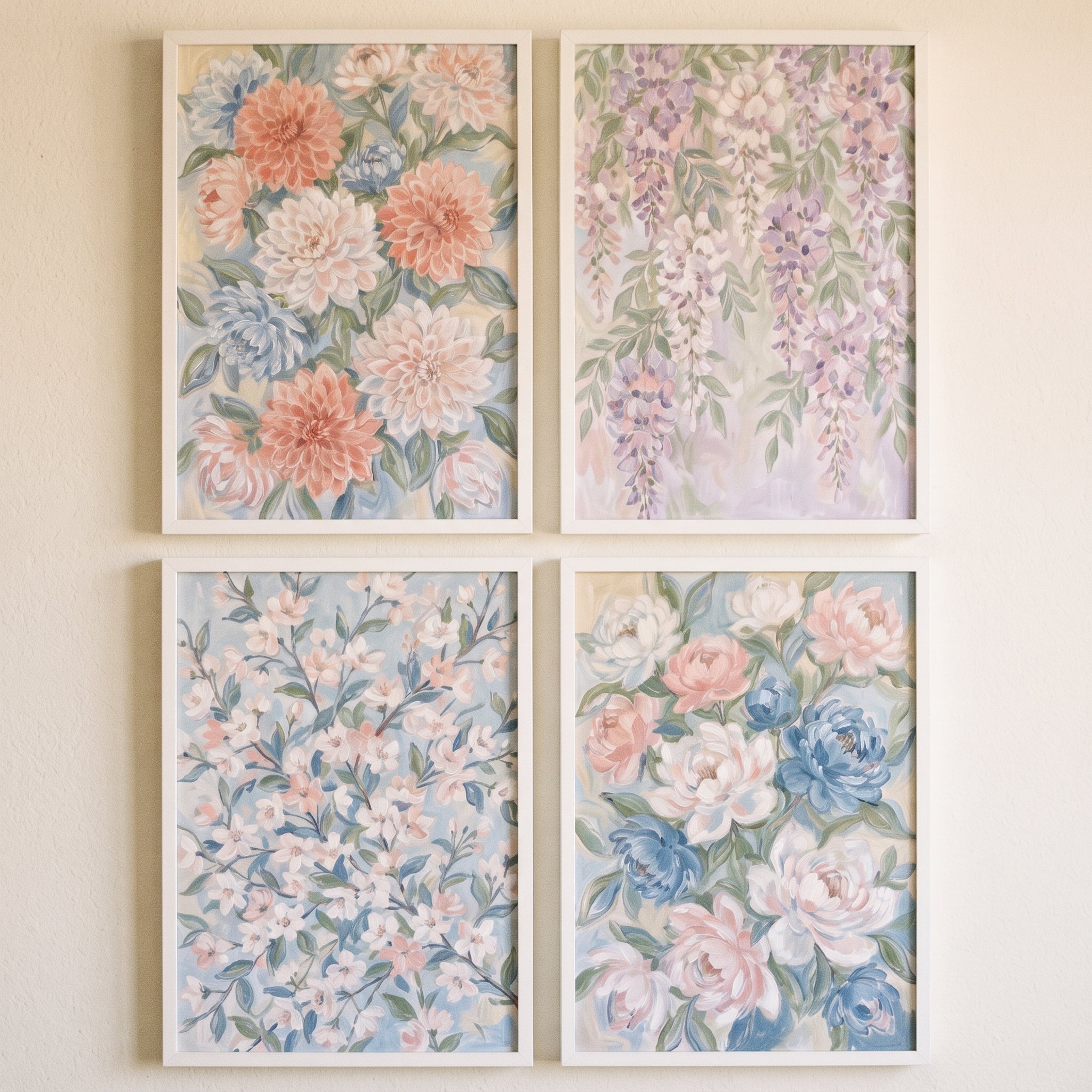 Soft Sage Pastel Floral Wall Art Set of 4 - Delicate Spring Petals