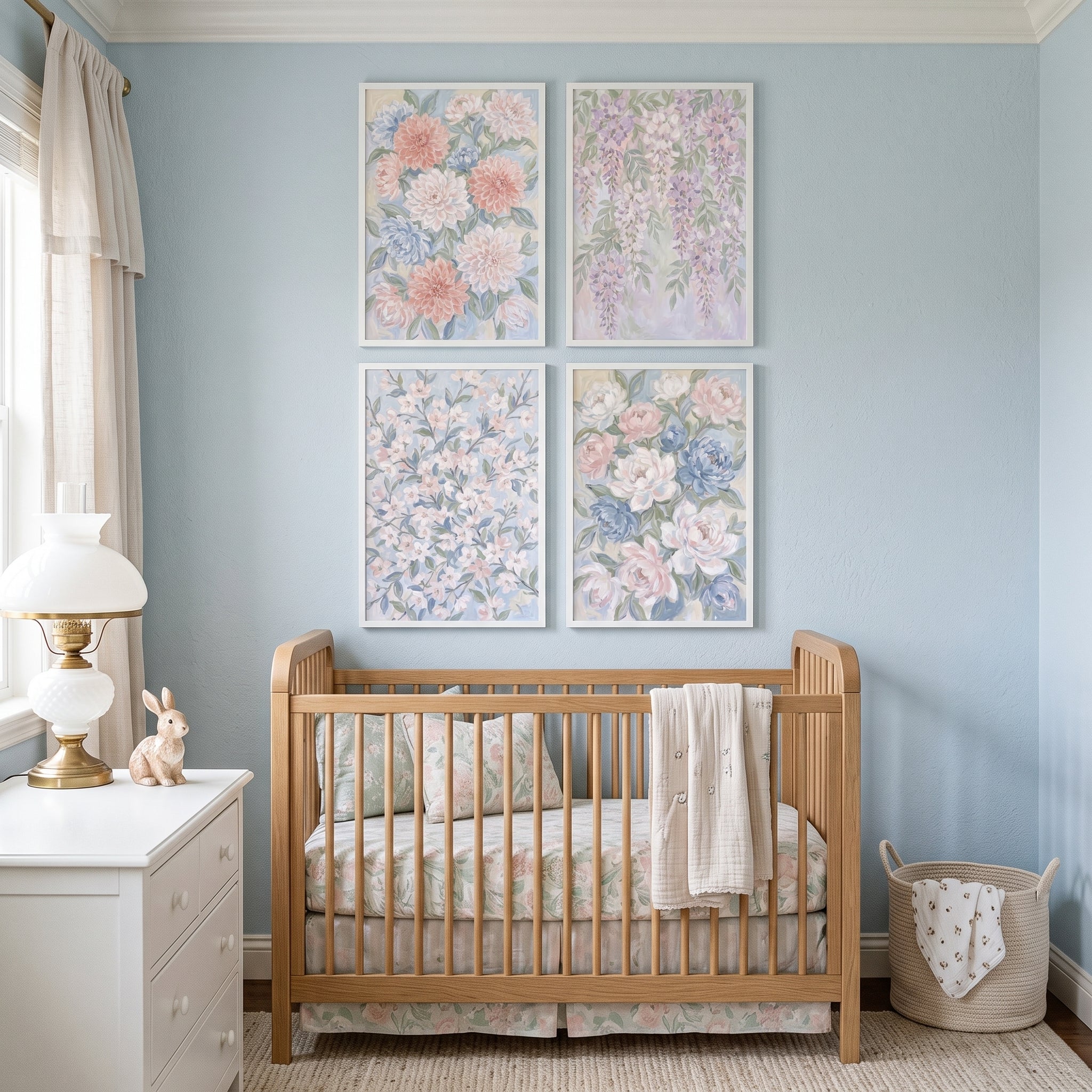 Soft Sage Pastel Floral Wall Art Set of 4 - Delicate Spring Petals