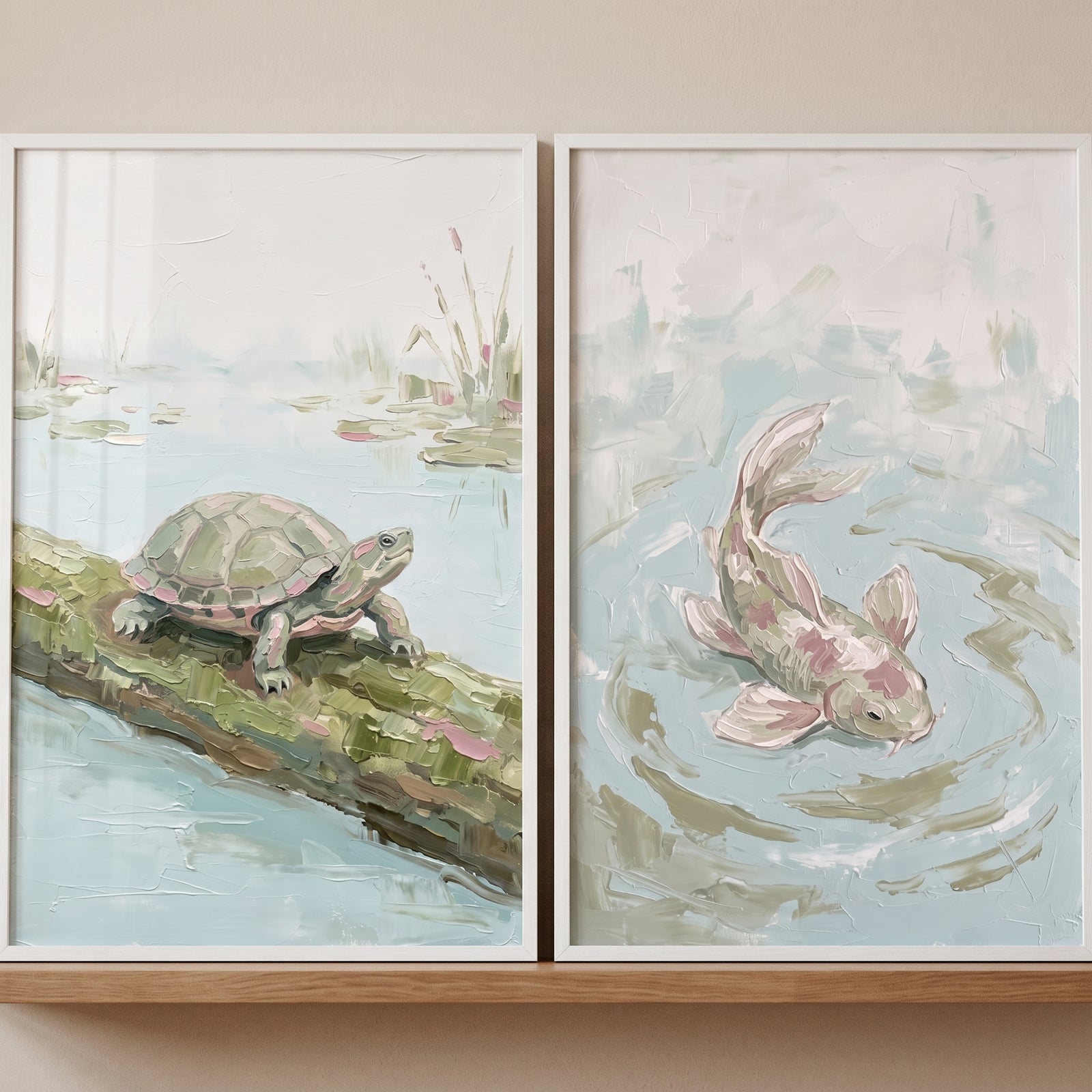 Soft sage pond animals wall art set of 2 featuring a turtle on a log and a swimming fish with textured details.