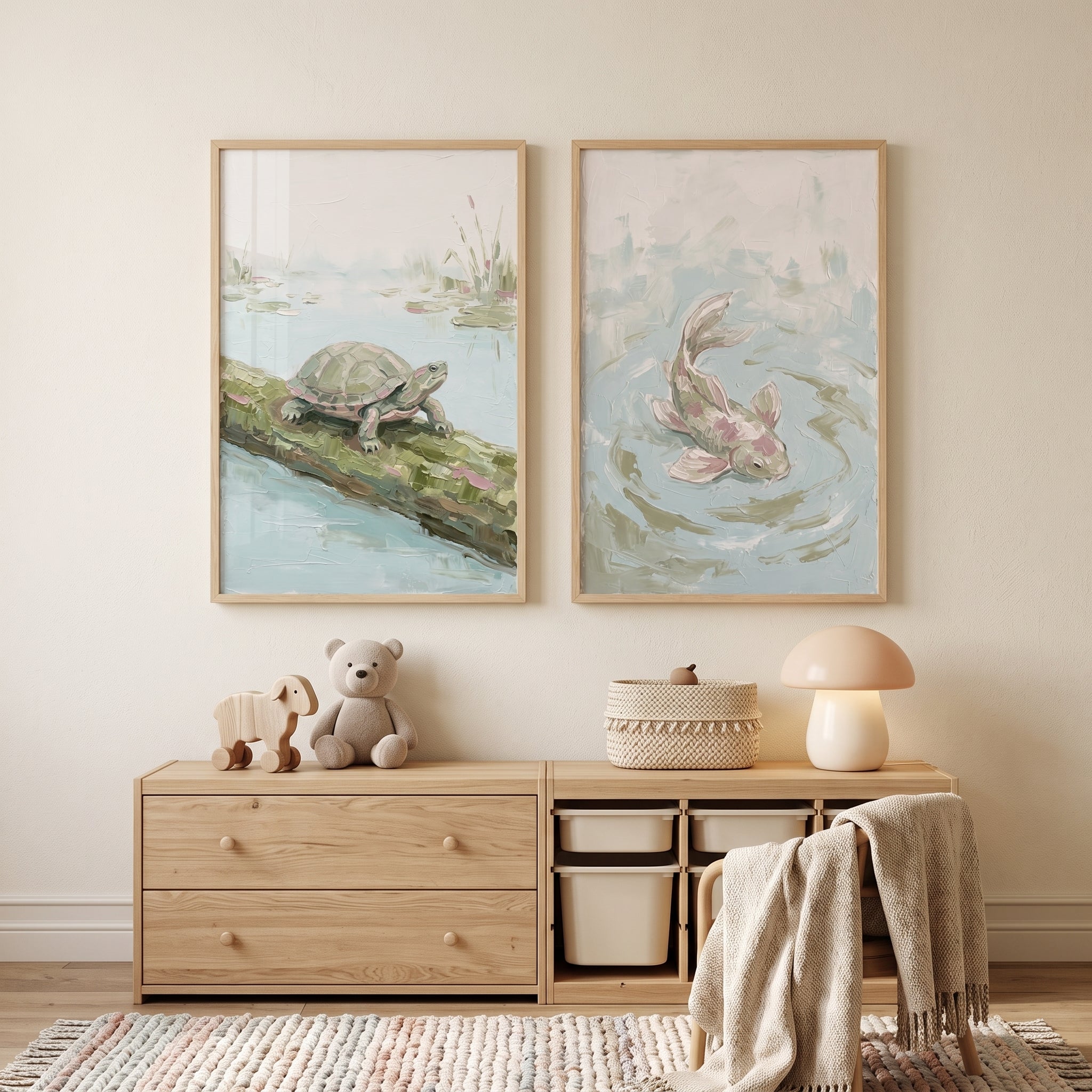 Soft Sage Pond Animals Wall Art Set Of 2 - Quiet Pond Life